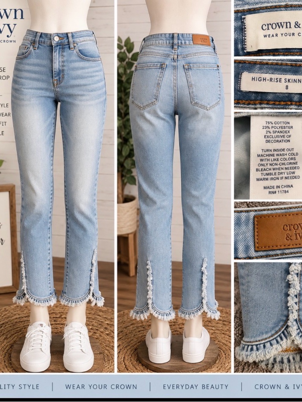 crown & ivy Light Blue High-Rise Skinny Jeans with Fringed Hem